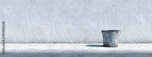 Wide Shot White Wall Background Galvanized Bucket Negative Space