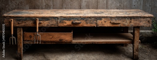 Empty Wooden Potting Bench Small Hand Fork Trowel Far Left