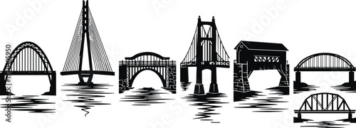 Bridge silhouettes collection with suspension, arch and wooden bridges over water, architectural infrastructure vector illustration set for transportation design