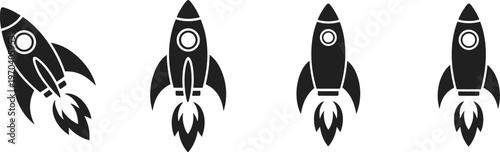 Four black rocket ship with flames on a white background spaceship