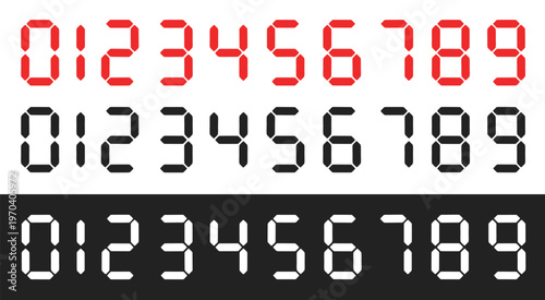 Red black and white digital display numbers zero to nine in segmented font