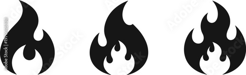 Three black stylized flame arranged horizontally on a white background