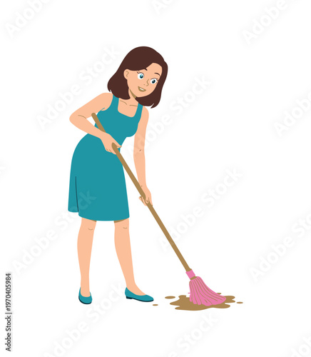 Woman in teal dress cleaning muddy floor with pink mop
