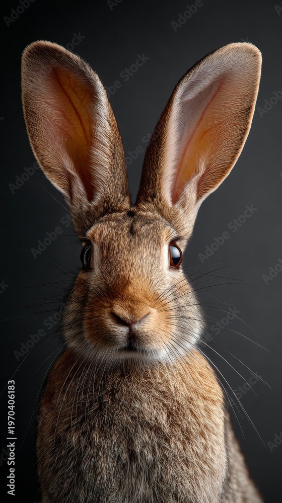 Fototapeta premium Close-up of a brown rabbit with large ears against a dark backdrop.