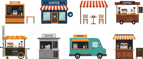 Collection of Cute Coffee Shops, Carts, and Coffee Trucks in Various Styles and Poses