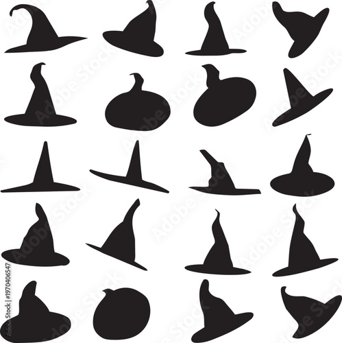 Mystical Shadows: A collection of witch hat silhouettes, perfect for Halloween or mystical themes. Capture the essence of magic and the uncanny. 