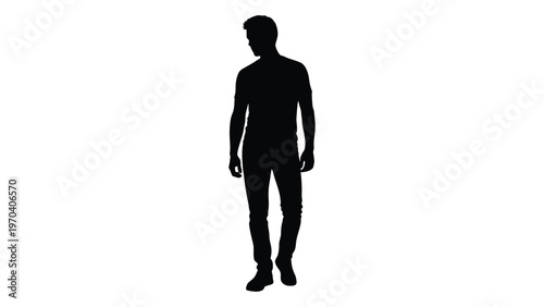 Silhouette of a man standing against a stark white background facing forward