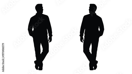 Silhouettes of two men standing facing forward depicted in a stark black and white style