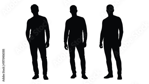 Three male silhouettes stand against a stark white background facing forward