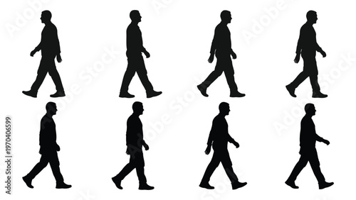 A sequence of silhouetted figures depicting a walking cycle shown in multiple poses