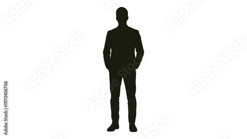 A full body silhouette of a man standing confidently with hands in pockets