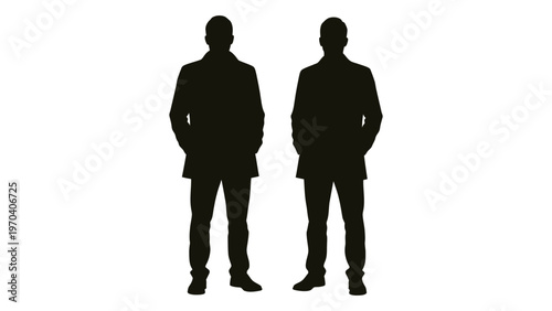 Two silhouetted men stand facing forward in a minimalist monochromatic composition
