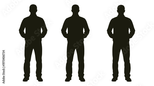 Three identical silhouettes of men standing with hands in pockets against a white background