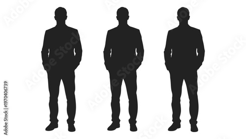 Three silhouetted figures standing in a row facing forward with hands in pockets