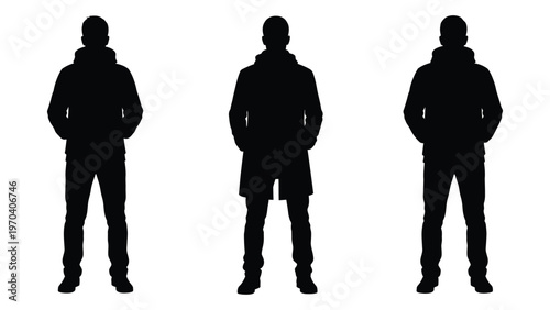 Three silhouetted figures of men standing in a row against a white background