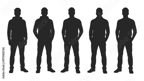 Five silhouetted men standing in a row facing forward with hands in pockets