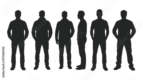 Six male silhouettes stand in a row showcasing varying body types and postures