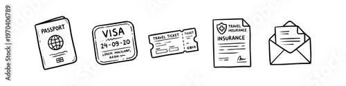 Hand-drawn doodle icons of travel documents: passport with globe, visa stamp, boarding pass ticket, health insurance policy, and an envelope letter. Minimalist black line art on white background.