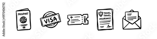 Set of hand-drawn travel document icons including passport, visa stamp, airplane ticket, travel insurance, and envelope. Black and white doodle style for tourism and vacation concepts.