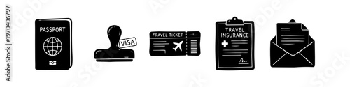 Hand-drawn black travel icon set featuring a passport, visa stamp, airplane ticket, insurance document, and envelope on a white background. Ideal for tourism and vacation planning projects.