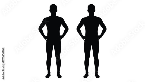 Two male silhouettes stand facing forward with hands on hips against a white background