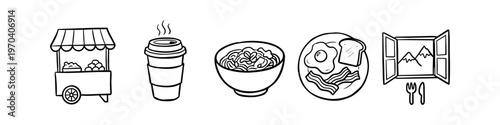 Set of black and white hand-drawn food and travel doodles. Includes a street food cart, coffee cup, noodle bowl, breakfast plate, and mountain view window. Versatile vector illustration.