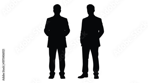 Two men in suits stand side by side presented as a stark black silhouette
