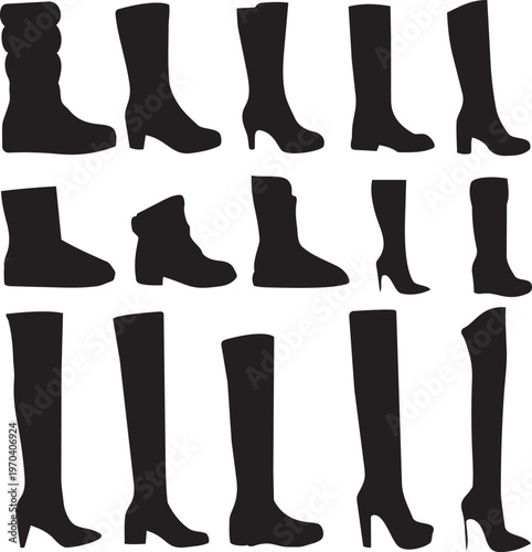 Diverse Boots Silhouette: A collection of various boots silhouettes, each exuding unique style and design, showcases the versatility and diversity of footwear fashion. 