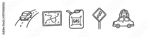 Road trip travel icons set in hand-drawn doodle style, featuring a car on the road, map, gas can, road sign, and car with luggage. Isolated on white background.