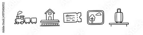 Hand-drawn doodle icons for train travel including a steam engine, station, ticket, landscape view, and suitcase. Minimalist black line art illustration on a white background.