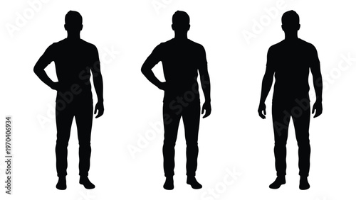 Three silhouetted men stand with hands on hips showcasing varying body types