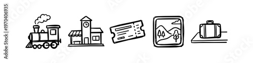 Hand-drawn doodle set of train travel icons including a locomotive, station, ticket, landscape view, and suitcase. Perfect for travel journals and journey themes.