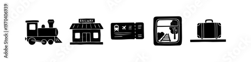 Hand-drawn railway travel icons set featuring a steam locomotive, station, ticket, window view, and suitcase. Minimalist black silhouette vector illustrations on white background.