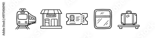 Set of hand-drawn train travel icons including locomotive, railway station, ticket, window, and luggage. Minimalist black line art doodle icons for transportation and vacation themes.