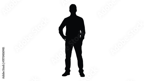 Silhouette of a man standing with hands on hips against a white background