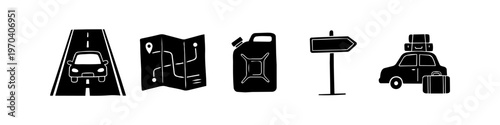 Set of black hand-drawn road trip icons on a white background including car on highway, map, fuel canister, road sign, and car with luggage. Ideal for travel and adventure designs.