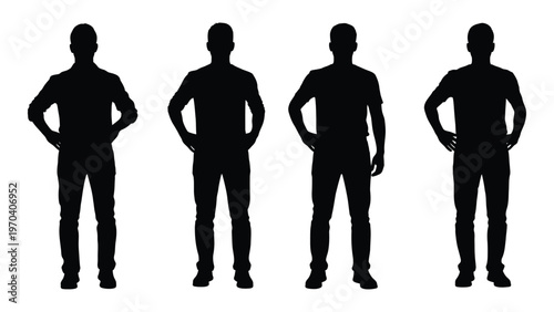 Four male silhouettes stand in a row with hands on hips against a white background