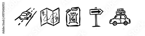 Minimalist hand-drawn road trip icons including a car, map with route, gas canister, directional sign, and luggage on a car. Black and white doodle style perfect for travel themes.