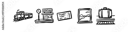 Set of hand-drawn train travel icons in a black and white doodle style, featuring a locomotive, railway station, ticket, window view, and suitcase on tracks.