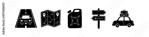 Hand-drawn black and white icon set for road trips, featuring a car on the road, map with pins, fuel canister, directional signpost, and luggage-packed car. Perfect for travel designs.