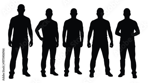 Five male silhouettes stand in a row facing forward against a white background