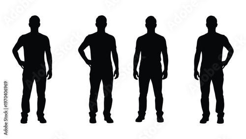 Four silhouetted men standing in a row hands on hips