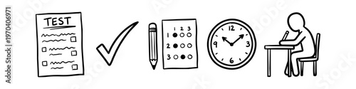 Set of hand-drawn icons representing the testing process, including a test paper, checkmark, pencil, bubble sheet, clock, and a student taking an exam. Minimalist black and white doodle style.