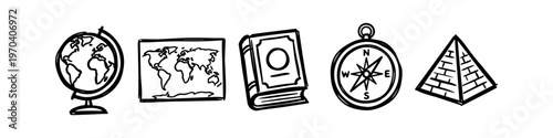 Set of hand-drawn travel and geography icons featuring a globe, world map, book, compass, and Egyptian pyramid. Minimalist black ink doodle style for education and exploration concepts.