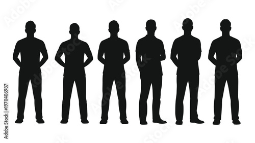 A row of six silhouetted men standing with hands on hips against a white background