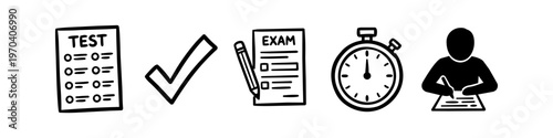 Set of hand-drawn icons for exams and testing, featuring test sheets, a checkmark, a pencil, a stopwatch timer, and a person writing. Minimalist black and white doodle style for education.