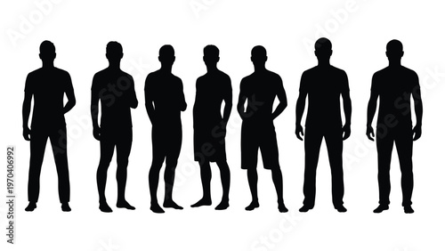 A row of seven silhouetted men standing in a neutral pose against a white background