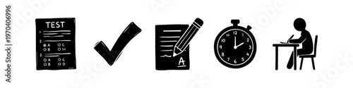 Black and white hand-drawn education icons for testing and exams, featuring a test sheet, checkmark, graded paper, stopwatch, and student at a desk. Ideal for school and academic themes.