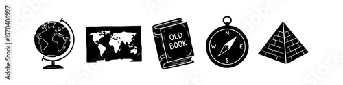 Set of five hand-drawn travel and history icons in black and white, featuring a globe, world map, vintage book, compass, and Egyptian pyramid. Minimalist stencil style on white background.