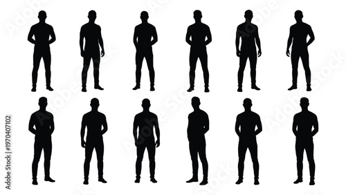 Silhouettes of men standing in various poses against a white background
